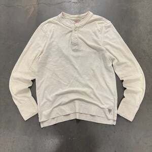 Y2K Cream Henley Long Sleeve Shirt Military Inspired Raw Stitch Small